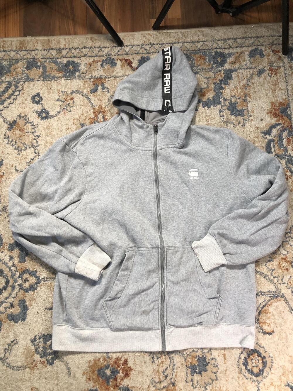 G-Star RAW Hoodie Sweatshirt Mens 2XL Gray Full Zip Fleece Kangaroo Logo